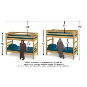two bunk beds showing the height difference between standard and tall height options