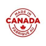 a red and white circle shaped logo stating made in Canada