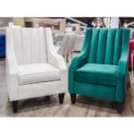 GLENVIEW CHAIR - Canadian made accent chair one in silver fabric with a channeled back and one in emerald green