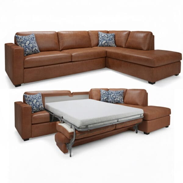 3TS Leather transformer sleeper sectional shown in tan top grain leather