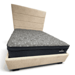 Beige colour queen size bed frame with a mattress on it